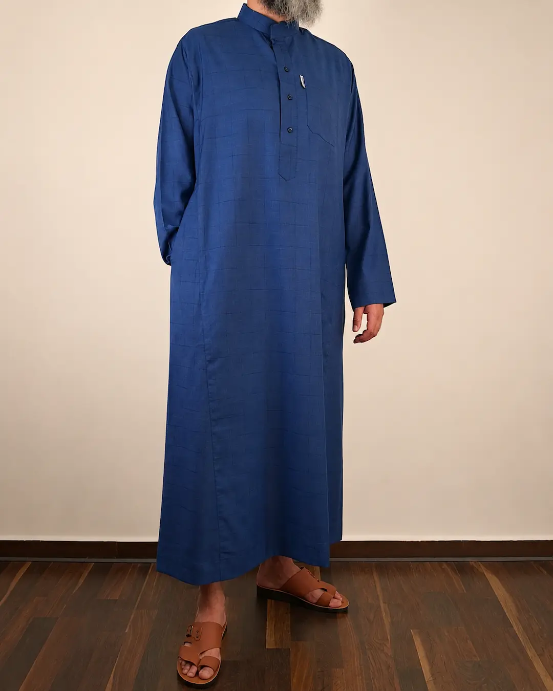 Qamis bleu carreaux col fermé